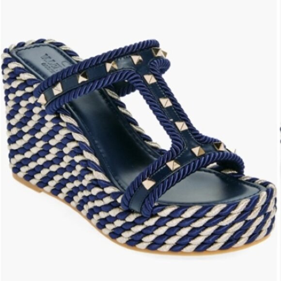 VALENTINO GARAVANI Rockstud Espadrille Wedge Slide Sandal Navy Blue